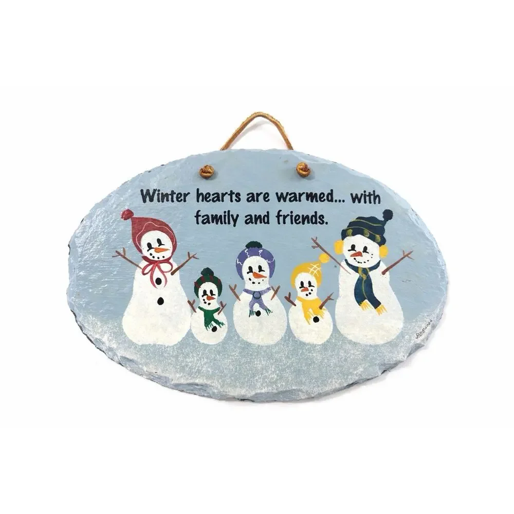 Plain Jane Snowman Family Slate Wall Plaque Winter Hearts Warmed Sign 9.5” USA